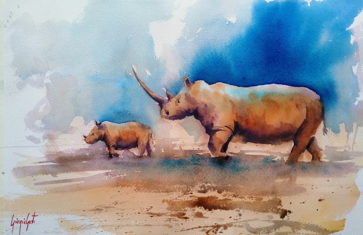 Impressionistic Watercolour , Rhinos 8 By Giorgio Gosti, 21 X 14, Artwork For Sale On Artfinder