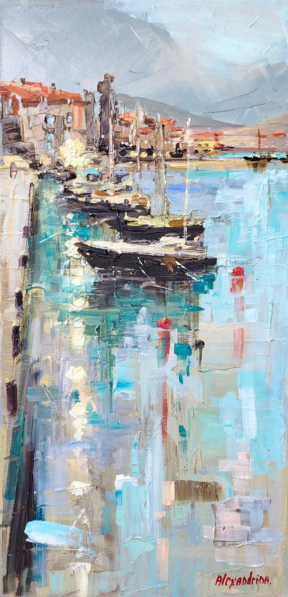 Expressive Cityscapes Oil Painting By Irina Alexandrina, 10 X 20, Evening. Boats., Original Artwork