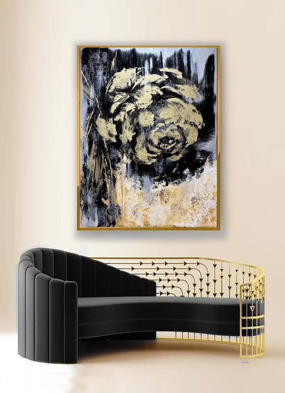 Golden and Black abstract painting. Black gold abstraction flower. AMAZING GOLD FLOWERS.