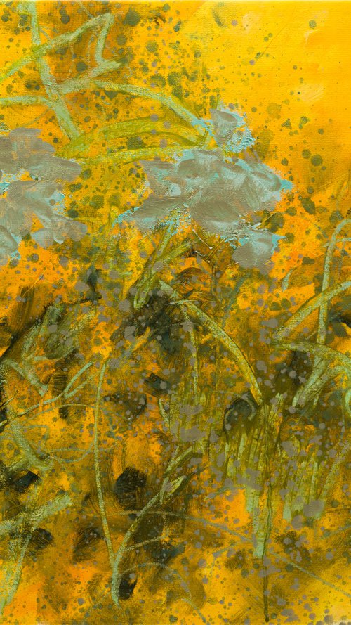 "Wild flowers" - floral oil painting in yellow turquoise pale blue and dark brownish green by Fabienne Monestier