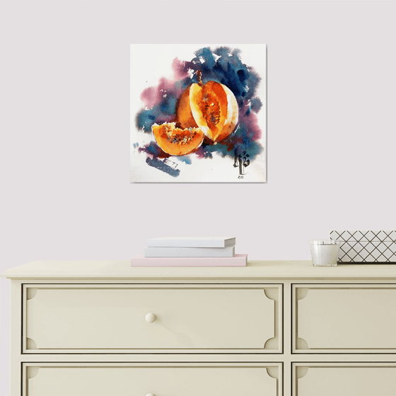 "Still life with pumpkin" expressive original watercolor artwork in square format