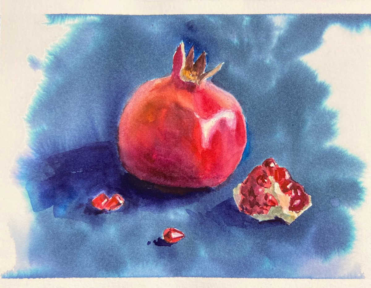 Pomegranates on blue | little watercolor etude by Nataliia Nosyk