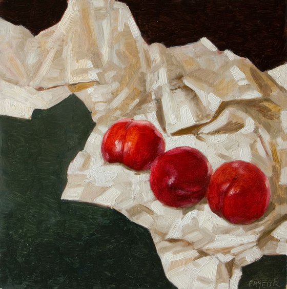 modern still life peaches in drapery