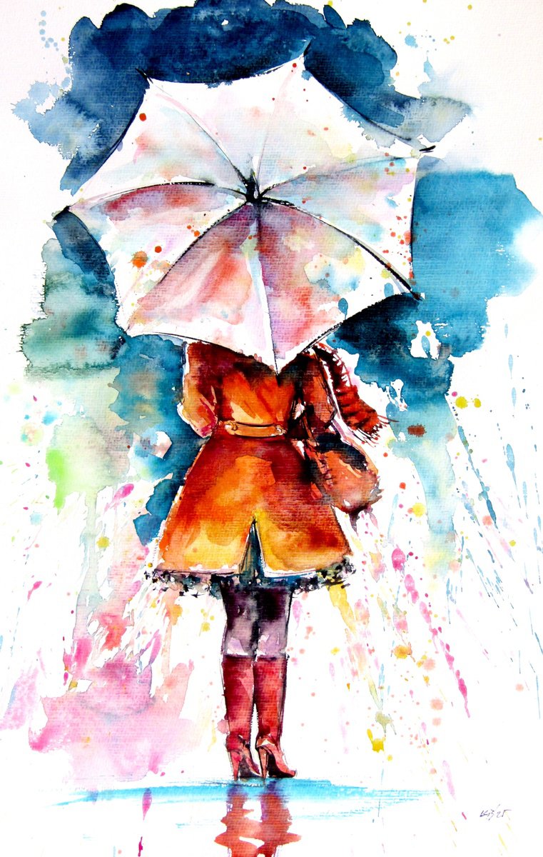Impressionistic Watercolour , Autumn Walk Ii By Kovacs Anna Brigitta, 13 X 20, Artwork For Sale On Artfinder