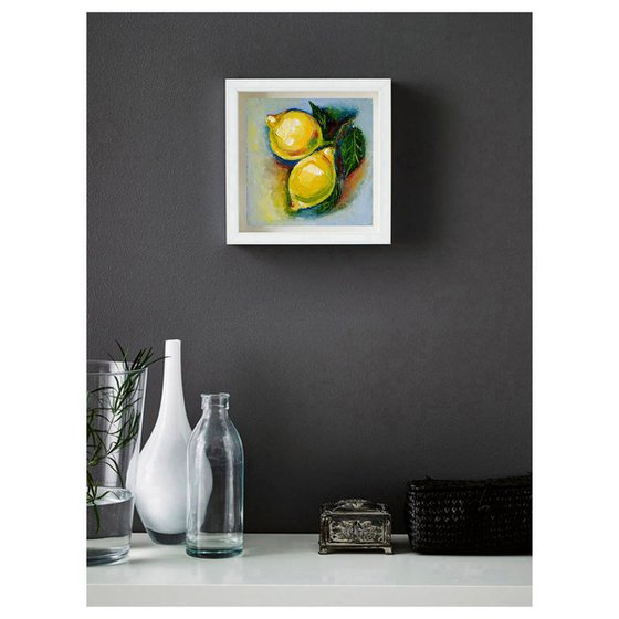 Lemon Painting Original Art Fruit Artwork Citrus Wall Art Small Square Kitchen Decor