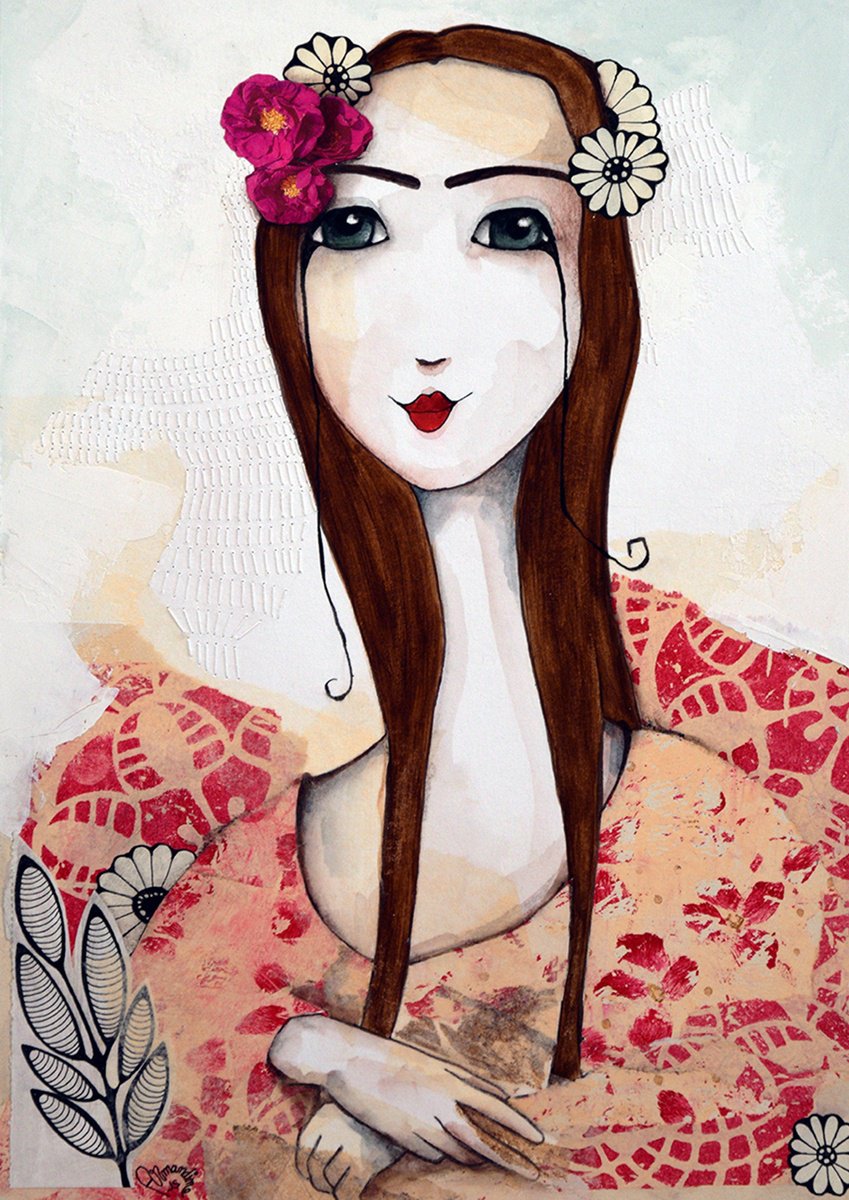 Illustrative Portrait Painting By Armandine Js, 12 X 17, Mona Frida # 2, Original Artwork