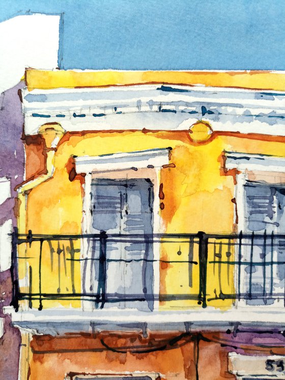"Bright yellow house" watercolor sketch original illustration