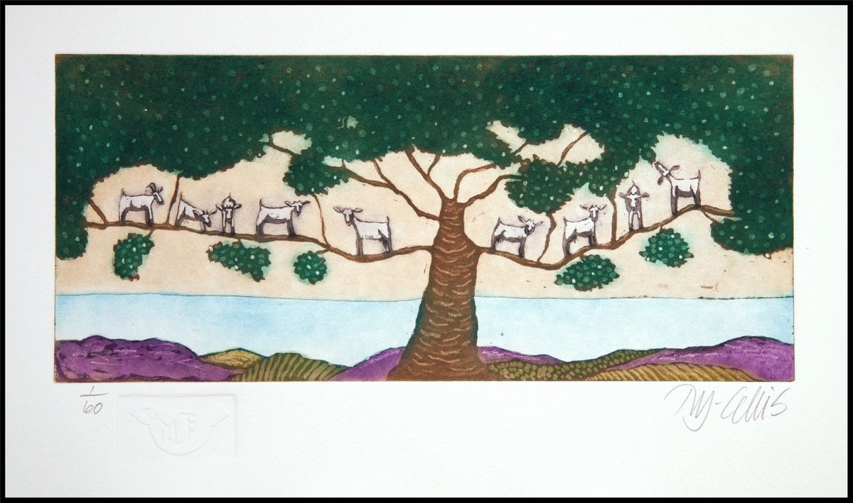 Goats in a tree, aquatint etching by Mariann Johansen-Ellis