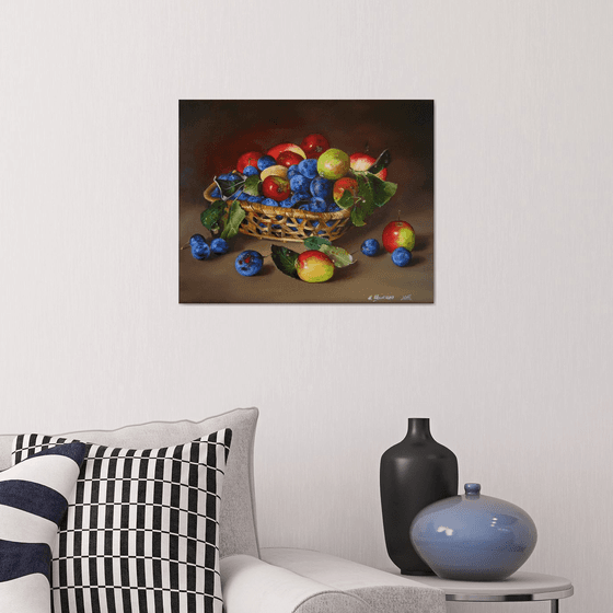 Fruit in a Basket Canvas Wall Art, Colorful Artwork, Original Still life