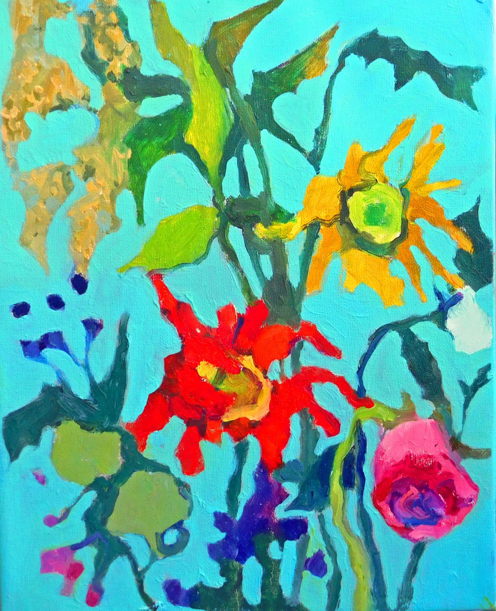 Flashy Flowers Against Blue by Ann Cameron McDonald