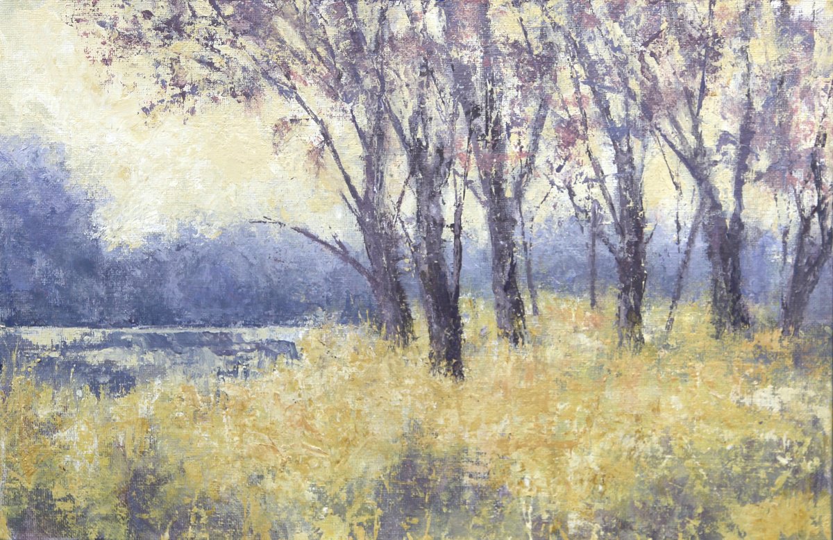 Impressionistic Landscape Acrylic Painting By John Fleck, 14 X 9, Copse In The Lagoon, Original Artwork
