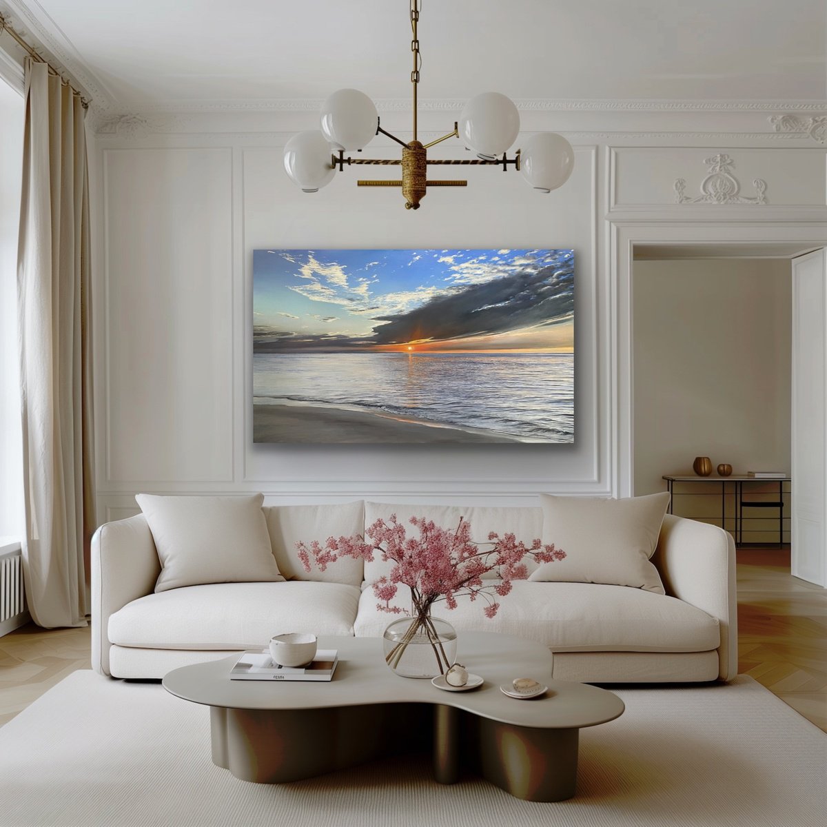 Photorealistic Landscape Oil Painting By Aflatun Israilov, 71 X 43, Ocean Glow, Original Artwork