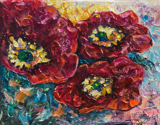 Three Red Poppies -  2 original oil painting 11" X 14" X 0.5"