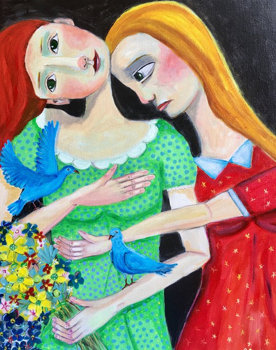 Woman supporting Woman - Figurative Quirky Naive Art Pride -
