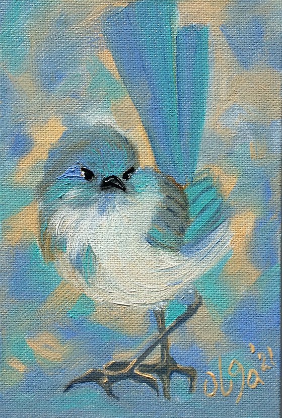 Splendid bird, miniature original oil painting.