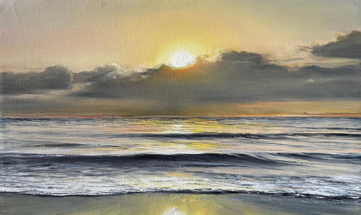 Photorealistic Landscape Oil Painting By Aflatun Israilov, 20 X 12, Ocean Sunset 2024, Original Artwork