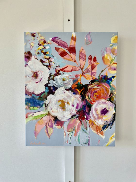 SUMMERTIME - 40 X 50 CM - FLORAL PAINTING ON CANVAS * PINK *GREY *PURPLE