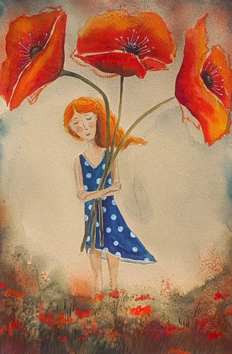 Illustrative Portrait Watercolour By Evgenia Smirnova, 12 X 17, Poppy Flowers Bouquet, Original Artwork