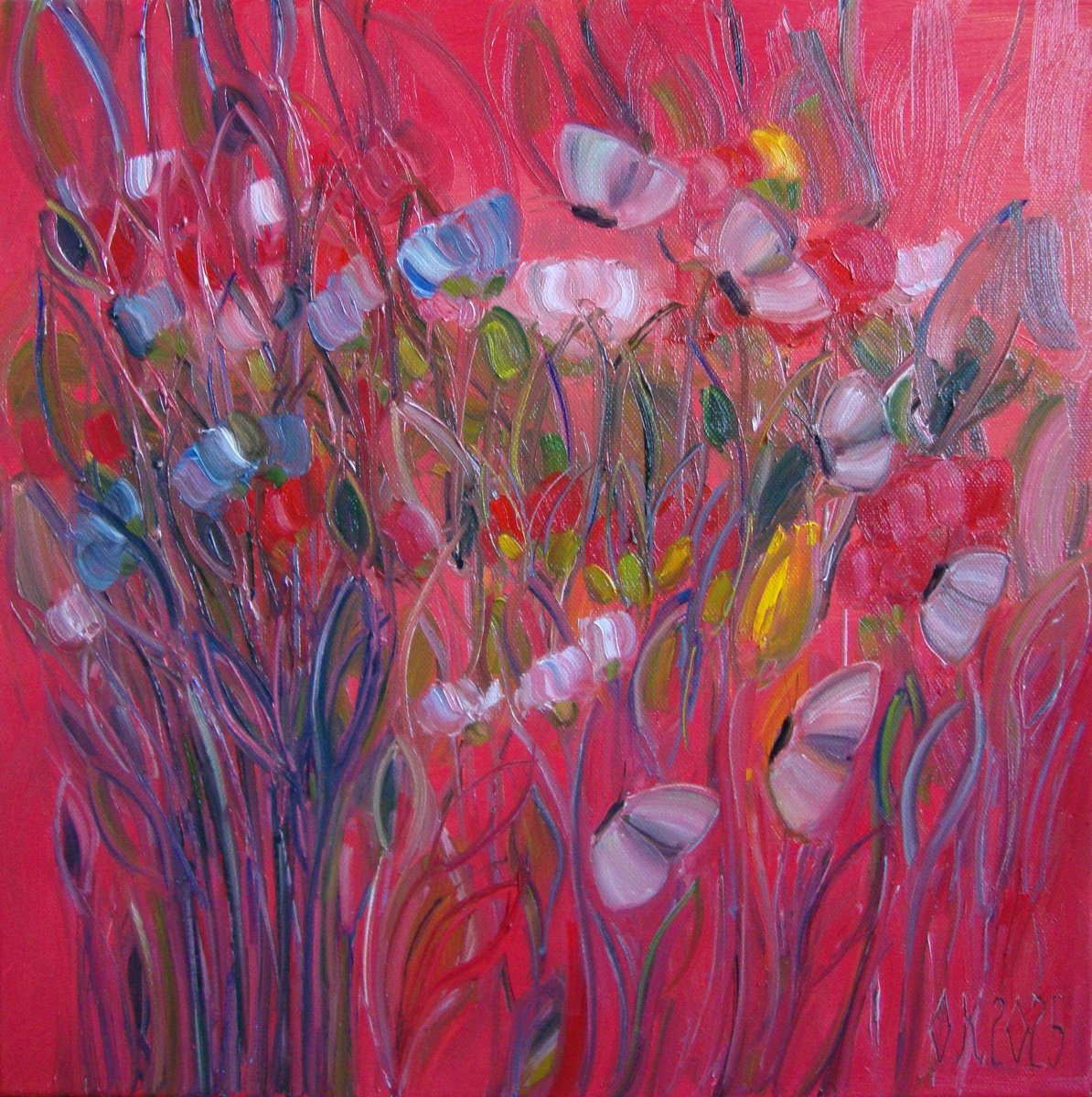 Impressionistic Botanical Oil Painting By Olga Knezevic, 16 X 16", Gentle Joy, Original Artwork