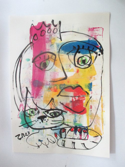 expressive queen with cat 23,6 x 16,5 inch unique mixedmedia drawing by Sonja Zeltner-Müller
