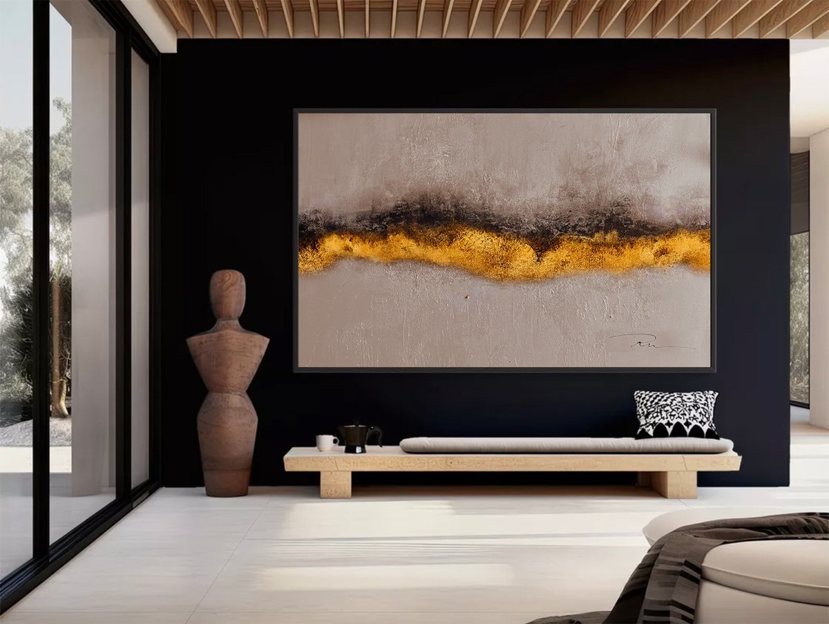 Abstract Acrylic Painting By Indie Ru, 83 X 59, Gold And Beige Abstract, Original Artwork