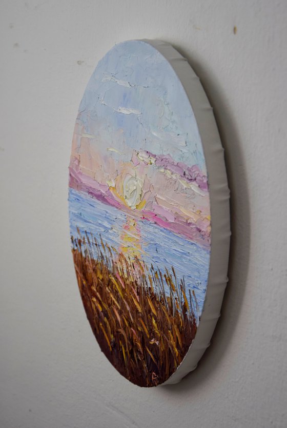 Landscape oval oil painting, sunset seascape wall art, calming decor