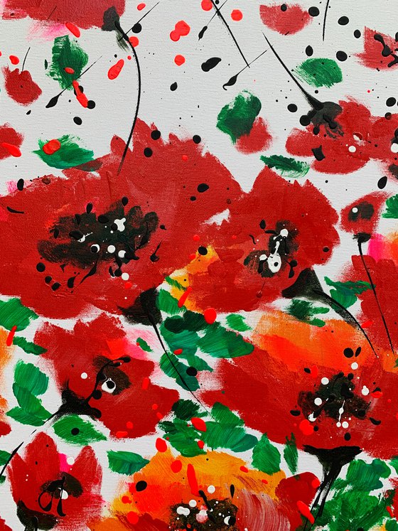 71''x 35''(180 x 90 cm), Garden of Joy 28, art, red green flowers, peony, roses, poppy  original acrylic canvas art, ready to hang