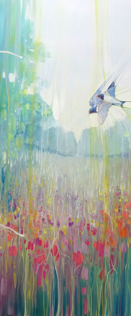 Weaving Summer - large, semi abstract oil on canvas of a summer meadow with swallows by Gill Bustamante