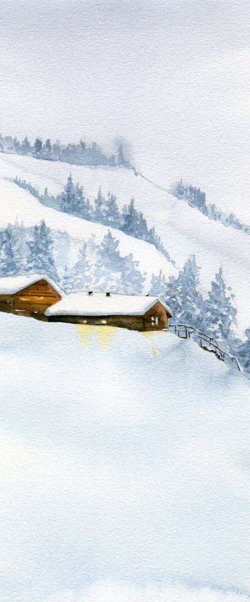 Winter in the mountains. Original watercolor artwork. by Evgeniya Mokeeva