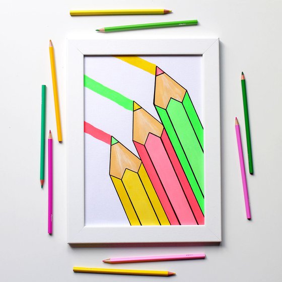 Colourful Pencils Pop Art Painting On Unframed A4 Paper