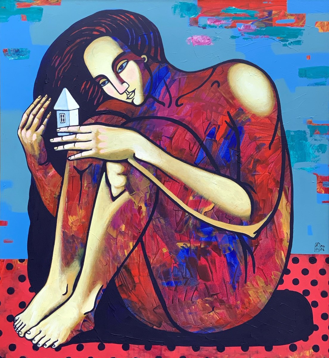 Naive Portrait Acrylic Painting By Elena Tomilova, 37 X 41, A Woman, Original Artwork