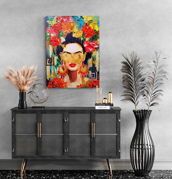 Frida - faceless portrait woman art with mirrors & crystals. Floral abstract painting with Frida Kahlo portrait with flowers and butterflies. Art Gift for artist