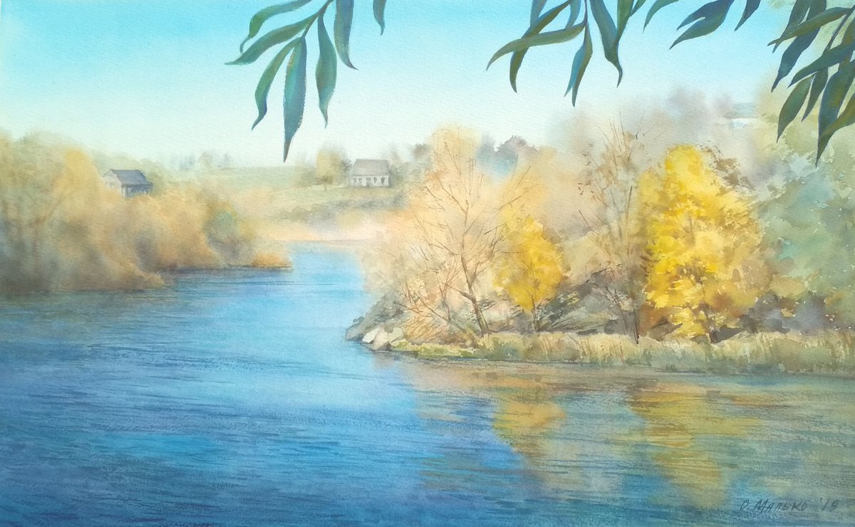 Blue autumn / Fall at the Ros river shore Watercolor landscape by Olha Malko