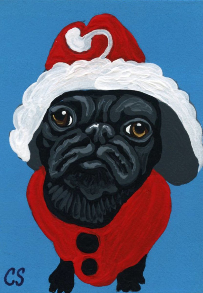 ACEO ATC Original Christmas Painting Black Pug Santa Dog Pet Art-Carla Smale by carla smale