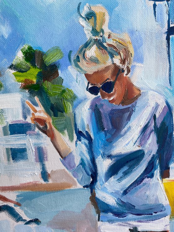 Summer Vibes - oil painting, original gift, summer, palm trees, skate, girl, city, blonde, office decor, home interior, wall art