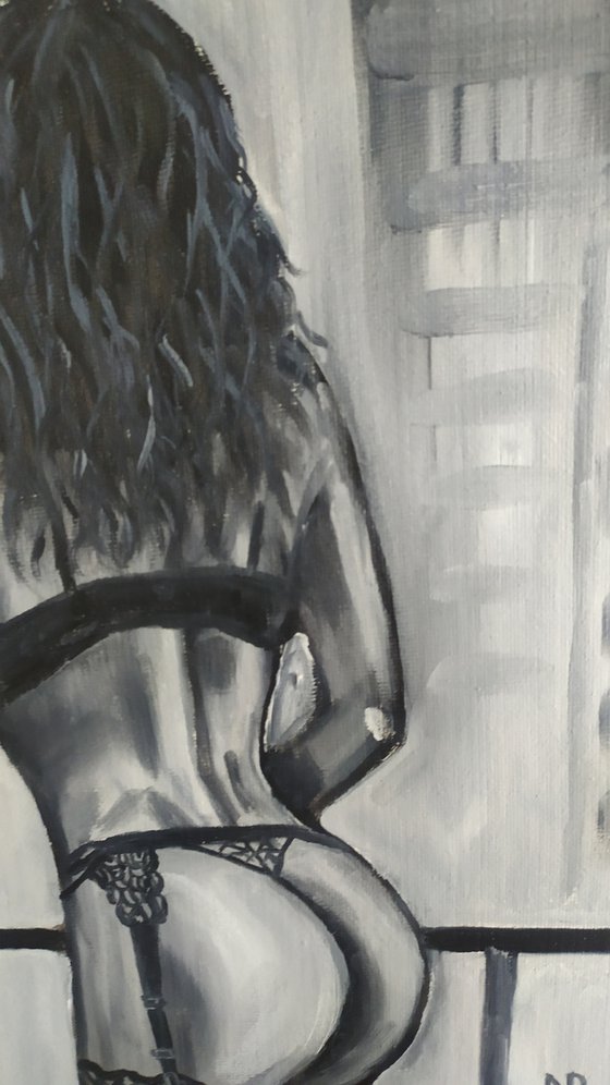 Girl in a big city, original nude erotic gestural black and white nude oil painting