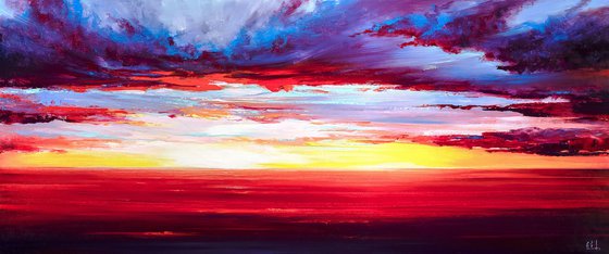 Red Sunset at the sea. Colorful Sky Oil Painting