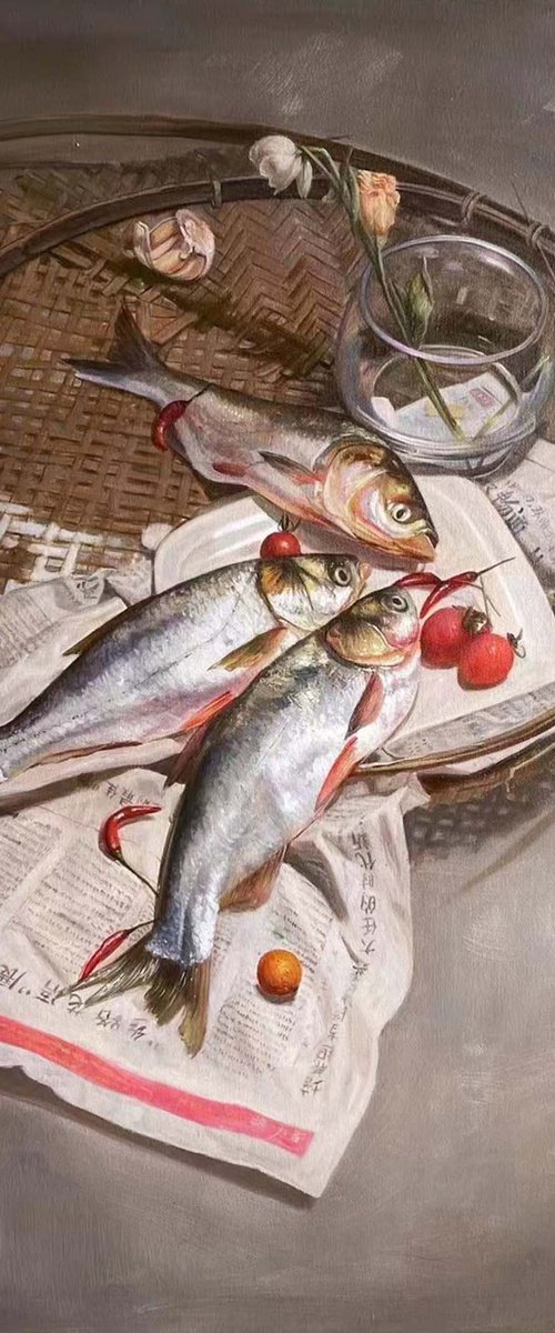 Still life painting:Fish with newspaper in the wicker basket c158 by Kunlong Wang