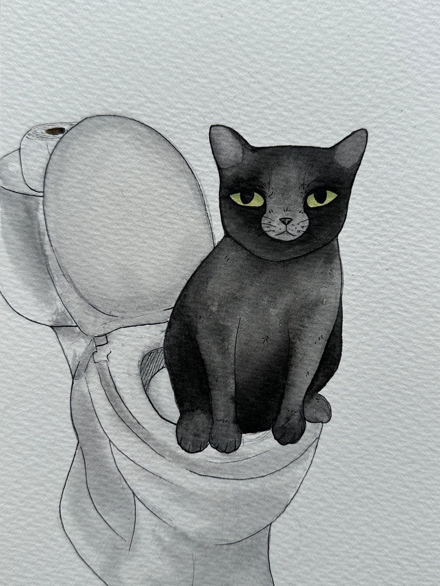 Black Cat on Toilet Watercolor Painting, Funny Cat Art, Funny Animal Art, Watercolour Cat... by Tara Monique