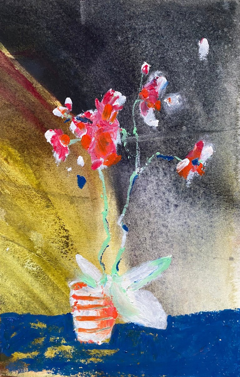 white orchid - oil pastels on watercolored paper by Anna Boginskaia