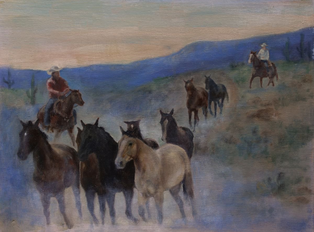 Stolen Horses, 12 X 16 oil of cowboys rustling horses, unframed by Sarah Kennedy