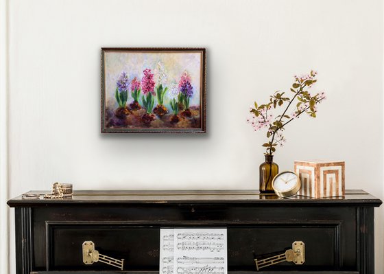 Flowers oil painting - Floral original artwork - Hyacinths framed canvas - Gift idea for woman