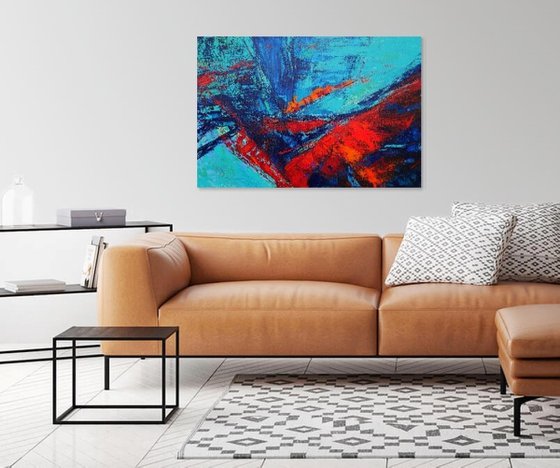 Large Abstract Blue Turquoise Red Landscape Painting. Modern Textured Art. Abstract. 61x91cm.