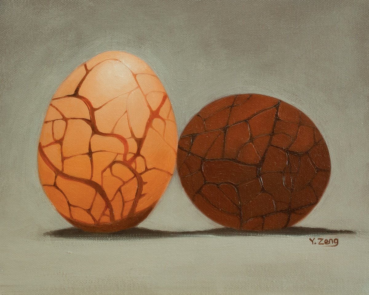 Photorealistic Still Life Oil Painting By Yue Zeng, 10 X 8", Two Tea Eggs, Original Artwork