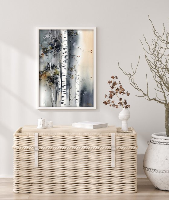 Birch Forest Landscape Nature Watercolor Painting, Trees Painting