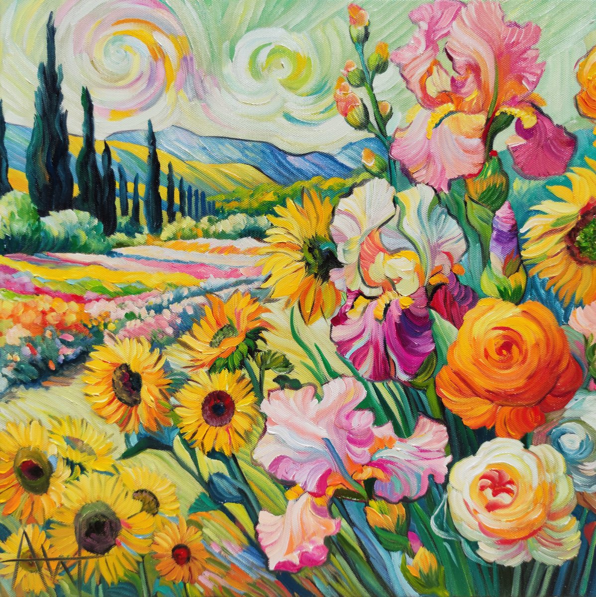 Impressionistic Landscape Oil Painting By Angie Wright, 16 X 16, Honey Breeze, Original Artwork