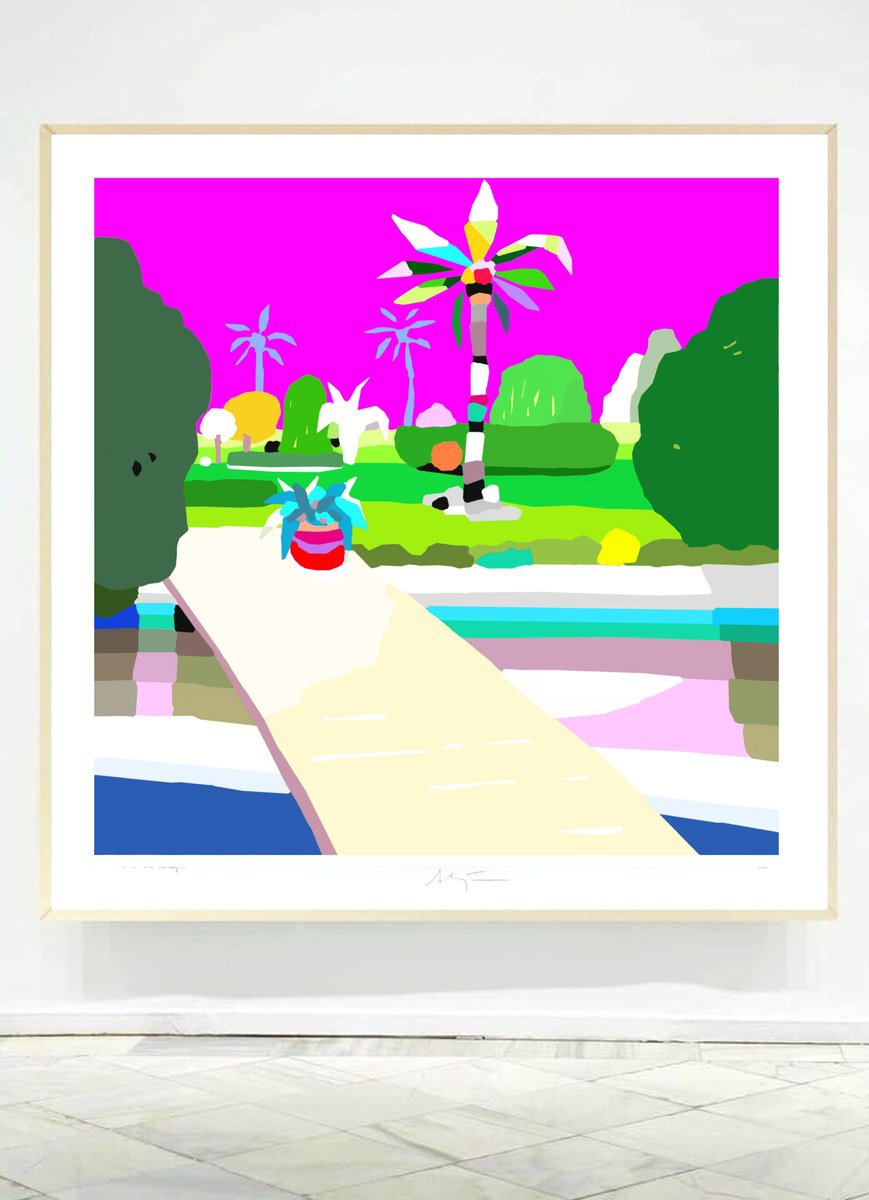 Cartoon Landscape Giclee Print By Alejos, 17 X 17, Paradeso Garden, Original Artwork