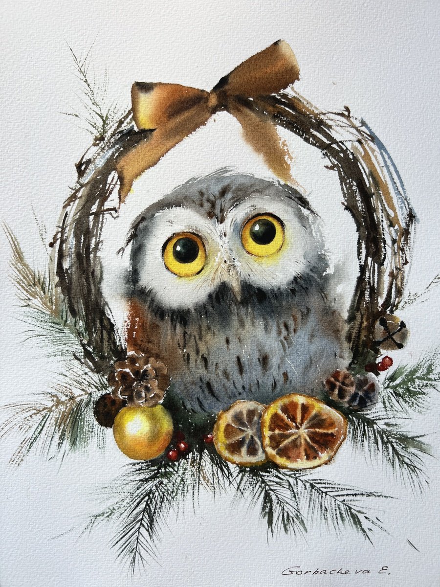 Impressionistic Animal Watercolour By Eugenia Gorbacheva, 9 X 12, Owl And Christmas Wreath #3, Original Artwork