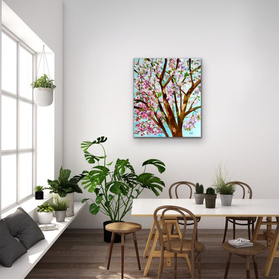 Apple blossom , spring in London pink, white, turquoise 61x71cm ready to hang oil painting