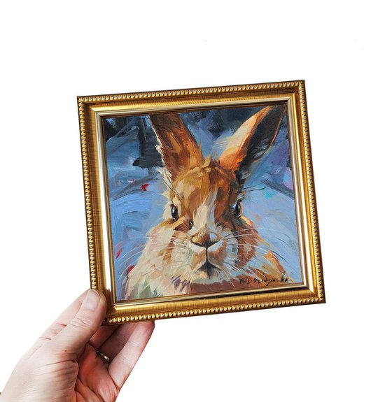 Funny rabbit oil painting original art 6x6, Rabbit illustration ready to ship